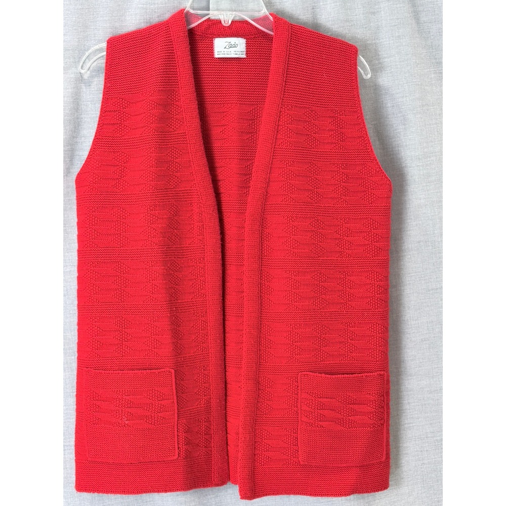 Vintage Zado Red Knit Vest Open Front Geometric Textured Pockets Made‎ in USA